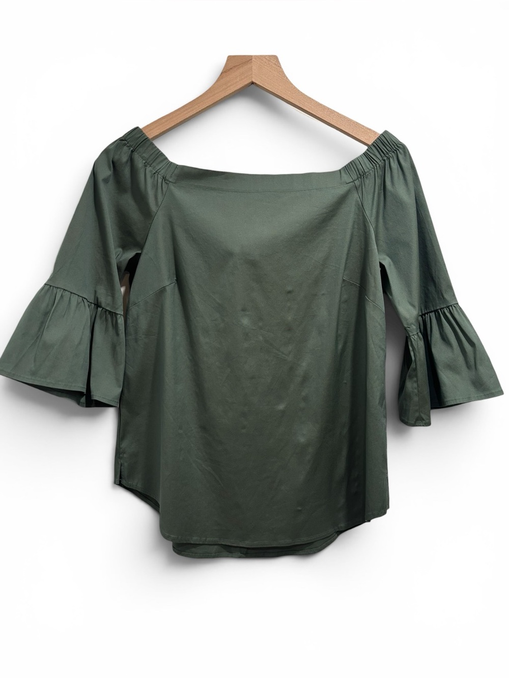 White House Black Market Off the Shoulder Olive Blouse, Bell Sleeves, Size Small